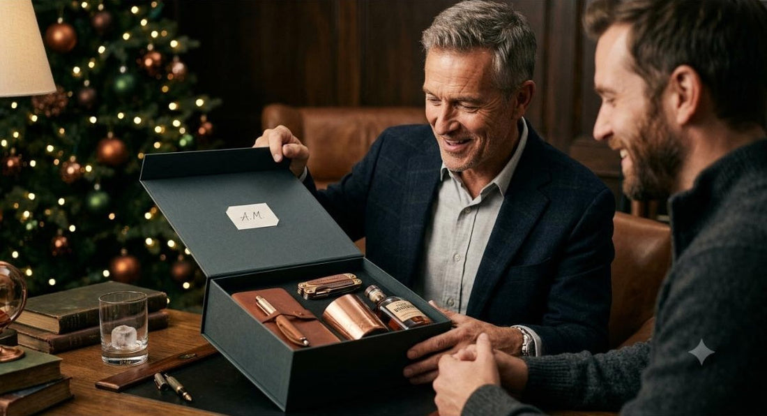 A smiling man opening a luxury gift box containing curated premium items, including a leather notebook, flask, and multi-tool, next to a Christmas tree.