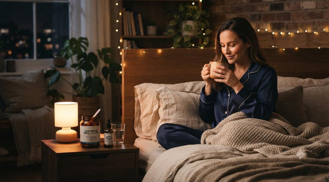 Cozy evening bedroom scene with warm lighting, featuring a woman in silk pajamas sitting in bed holding a mug, with jars of magnesium bisglycinate and marine collagen on the nightstand.