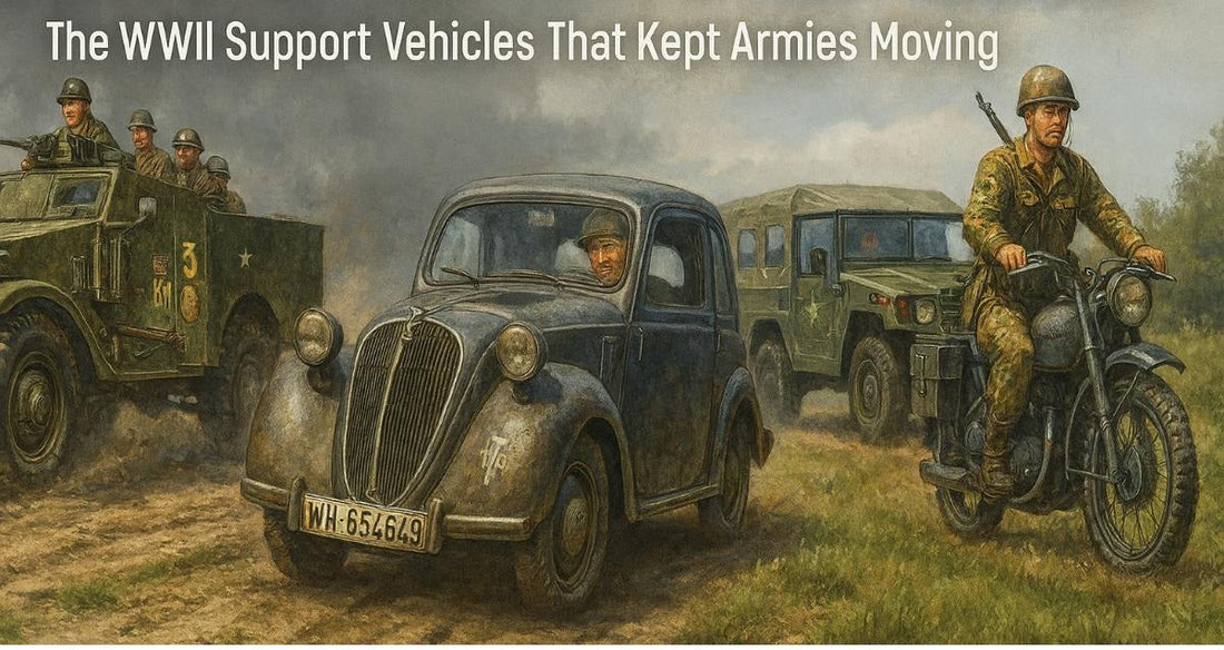 Photorealistic illustration of WWII support vehicles including M3A1 Scout Car, SIMCA 5 Staff Car, and JGSDF Recon Motorcycle in a military logistics scene