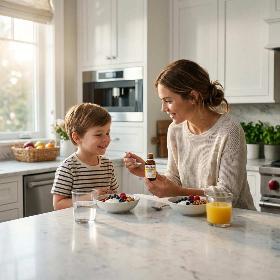 Mother giving BioGaia probiotic drops to her young son at a kitchen table for family health and gut flora support.
