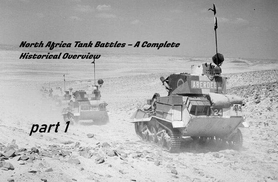 WWII North Africa tank battle scene with German and British armor advancing across desert terrain under harsh sunlight.