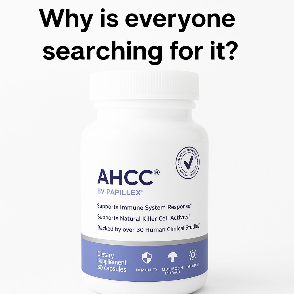 AHCC supplement bottle with immune support label on white background