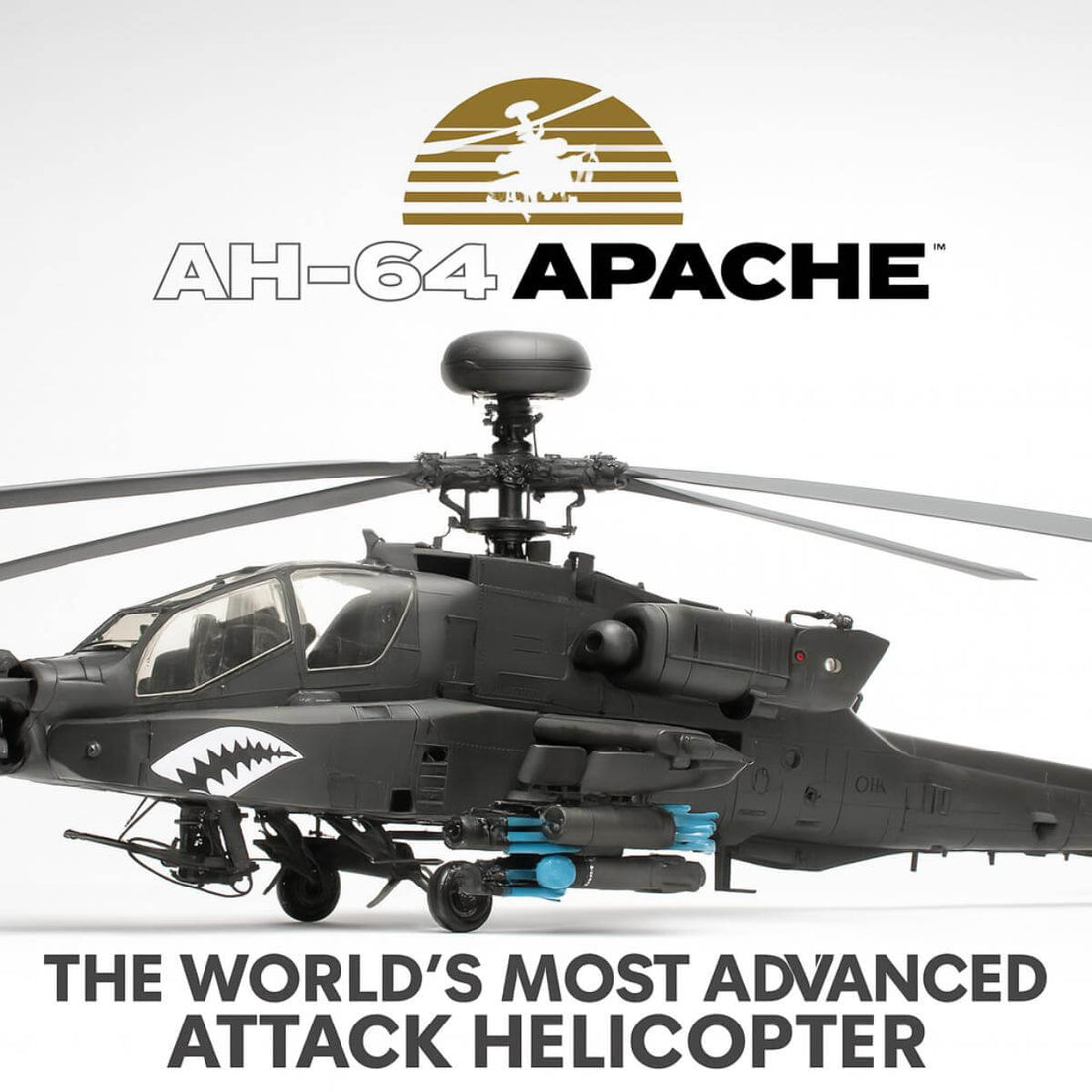 AH-64 Apache attack helicopter with Hellfire missiles and radar dome in flight over desert terrain