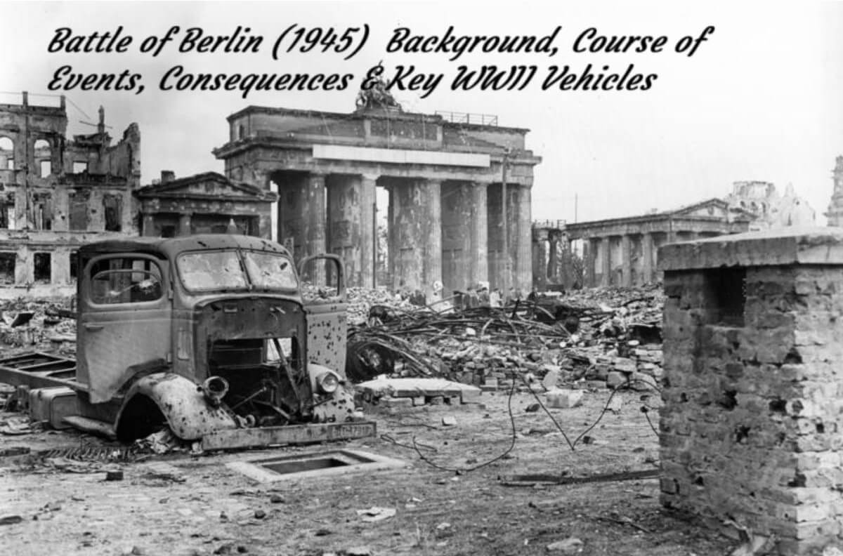Battle of Berlin 1945 – Soviet T‑34 tanks advancing in ruined Berlin streets against German Panther and Tiger defenses