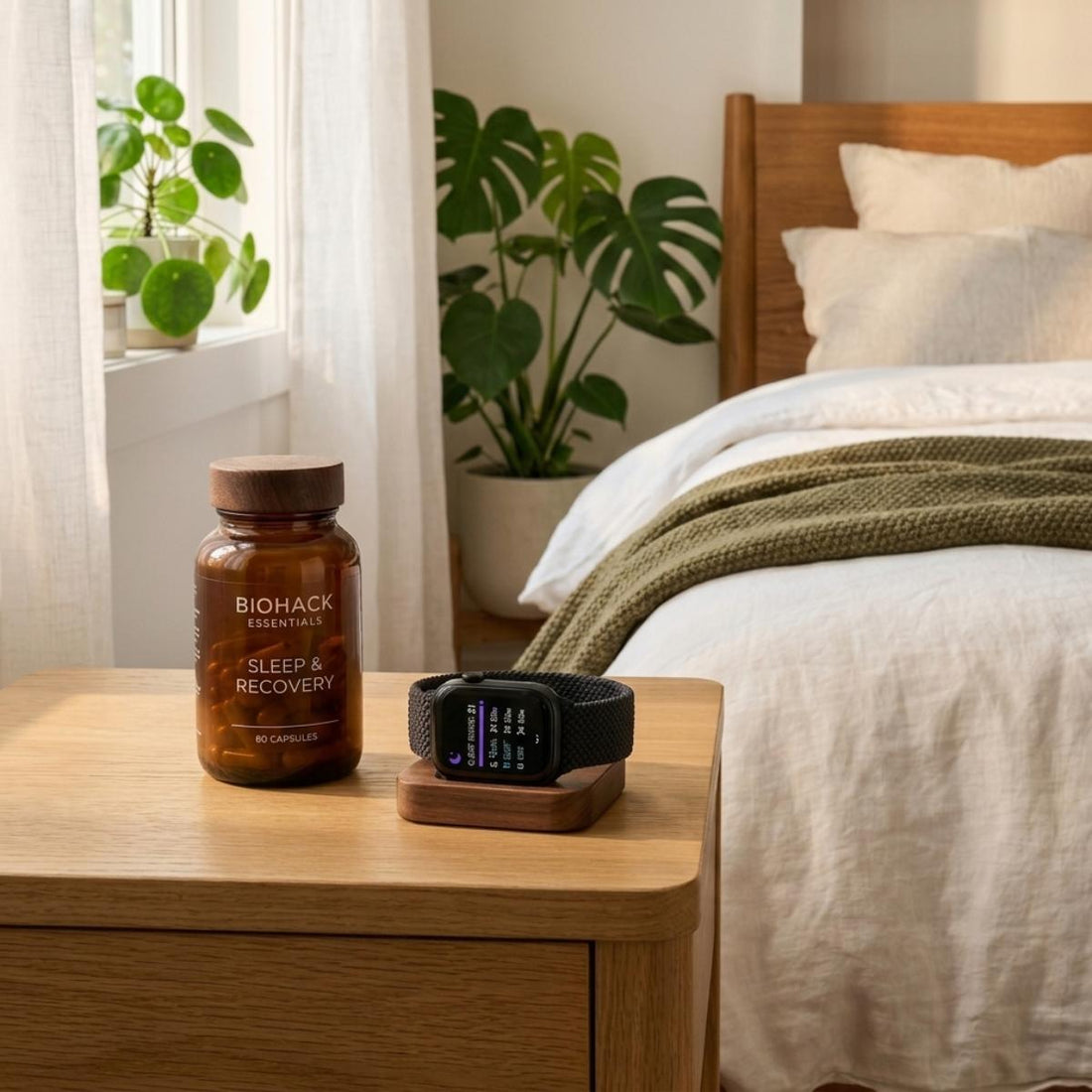 Biohack Essentials sleep supplement bottle and smart fitness watch on a wooden nightstand in a calm bedroom.