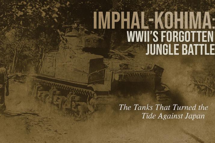 M3 Lee tank advancing through jungle terrain during the WWII Imphal–Kohima campaign, accompanied by a British Indian soldier on a dusty road.