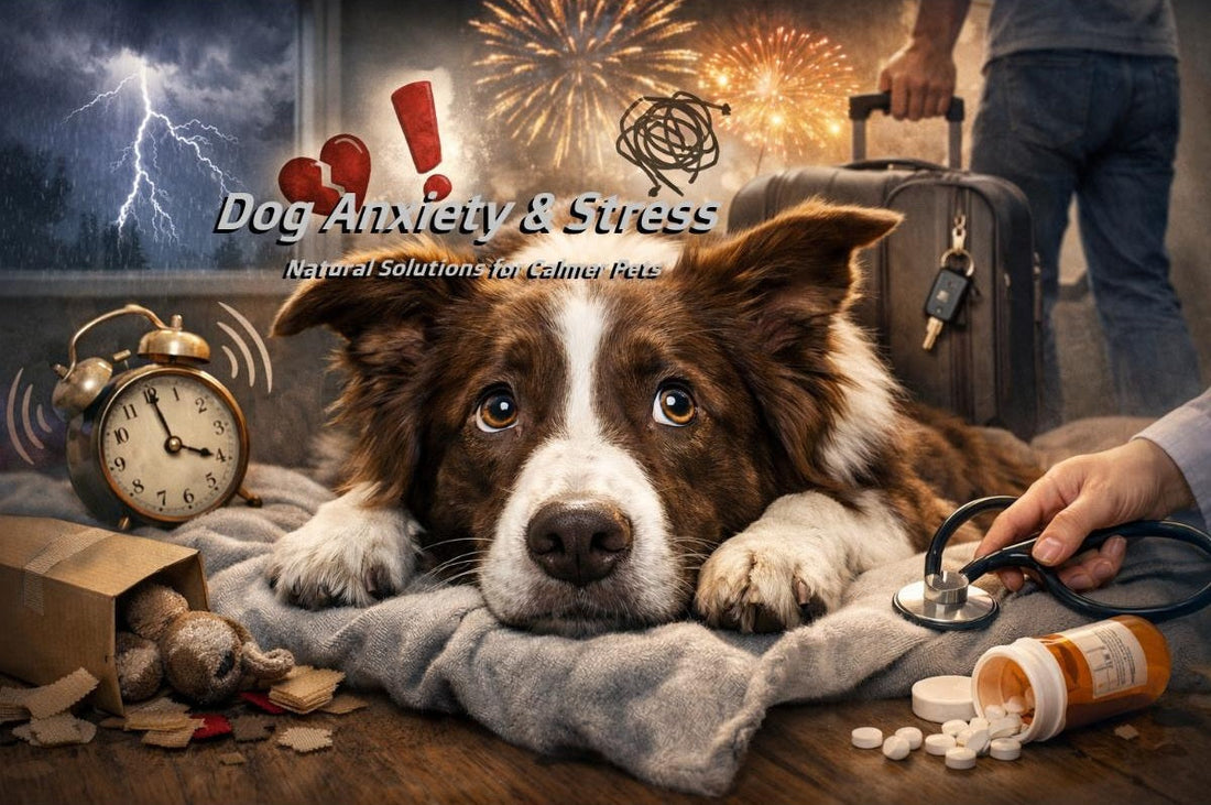 An anxious dog lying on a blanket surrounded by common stress triggers such as thunderstorms, fireworks, travel items, and veterinary objects.