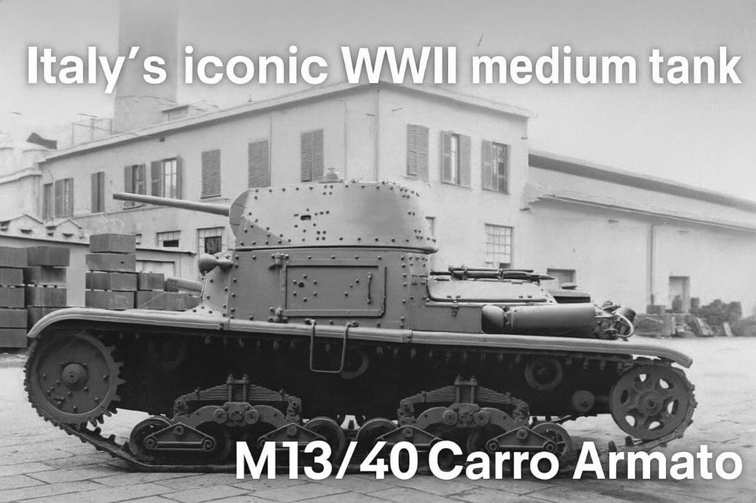 Historic Italian Carro Armato M13/40 tank parked in front of industrial buildings, showcasing riveted armor and WWII-era design.