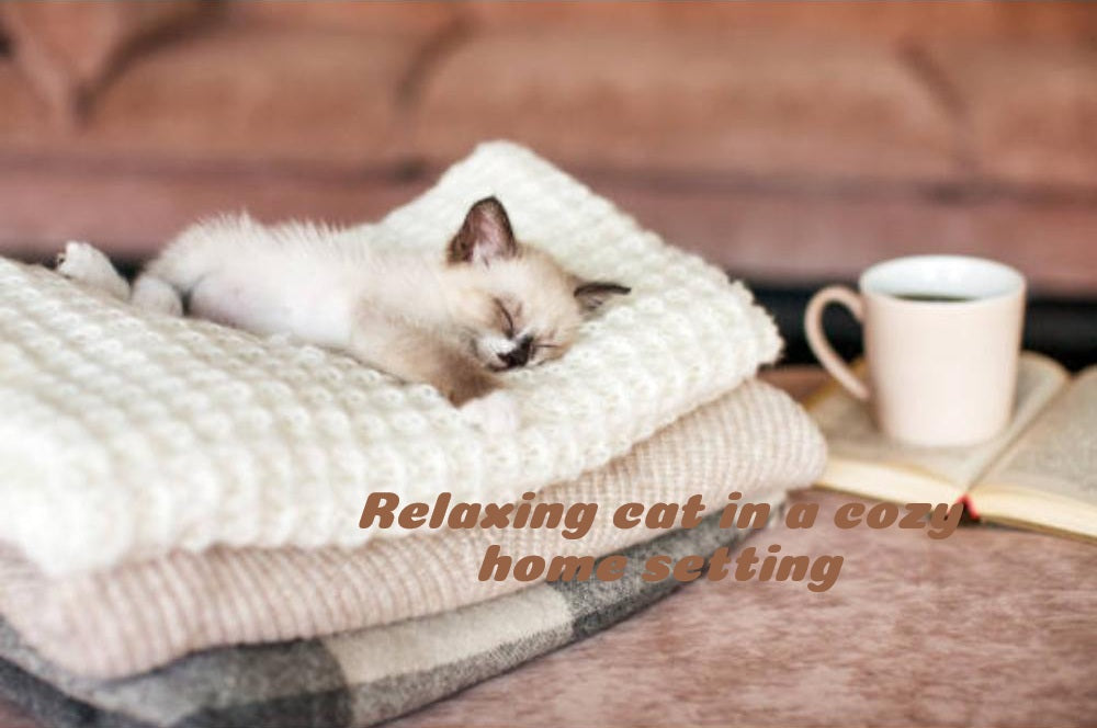 Relaxing cat sleeping on cozy blankets in a warm home environment, natural pet wellness atmosphere.