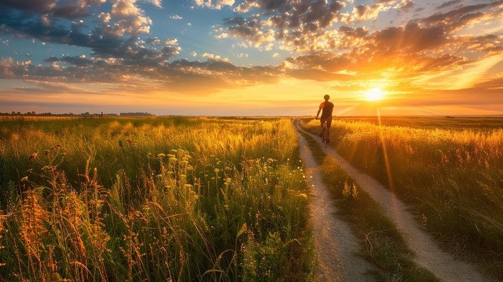 A scenic landscape photograph of a person riding a bicycle along a dirt path through a golden grassy field at sunset, with dramatic clouds and a bright sun in the sky.