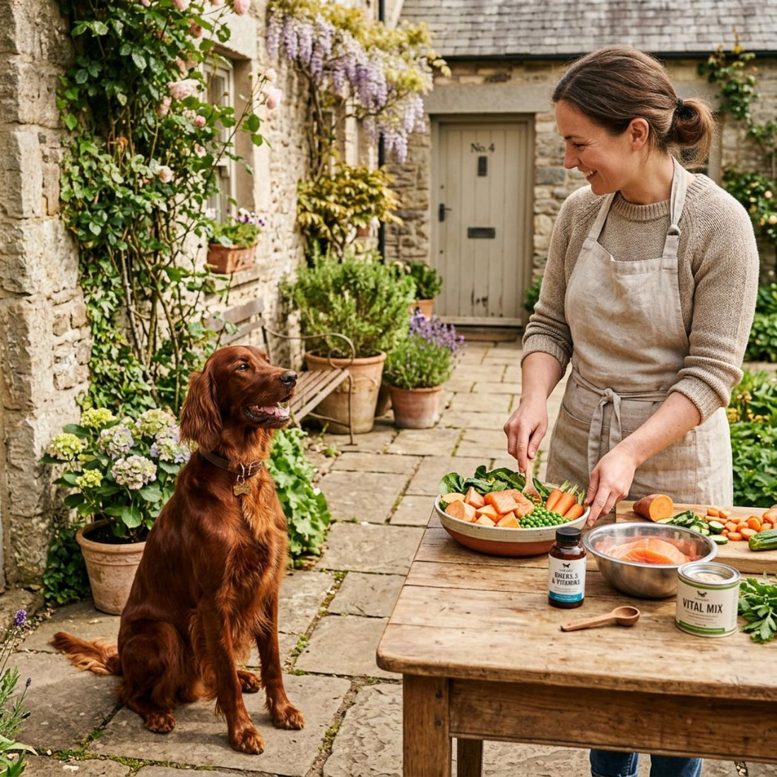 A woman in a linen apron smiling and preparing a healthy bowl of fresh vegetables, salmon, and supplements on a rustic wooden table outdoors, while a beautiful Irish Setter dog sits patiently watching her in a cottage garden.