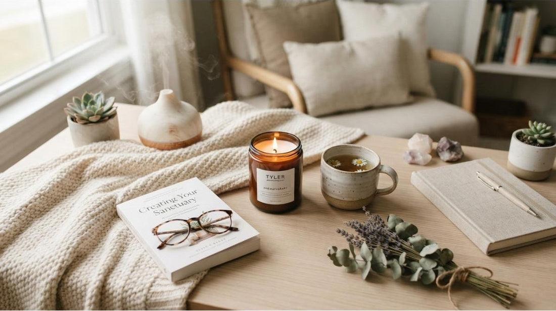 Cozy self-care setup with a Tyler Aromatherapy candle, tea, diffuser, book, and lavender.