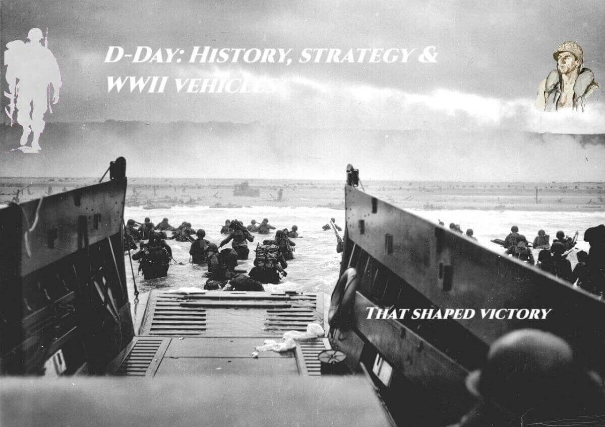 Allied troops landing on Normandy beaches during D-Day, supported by Sherman tanks and DUKW amphibious vehicles