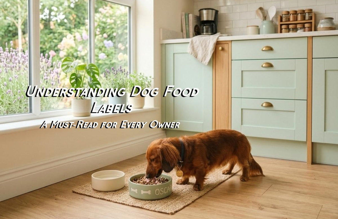A small brown dachshund eating from a dog bowl on a woven mat in a cozy modern kitchen with mint‑green cabinets, wooden accents, and soft natural light coming through the window.