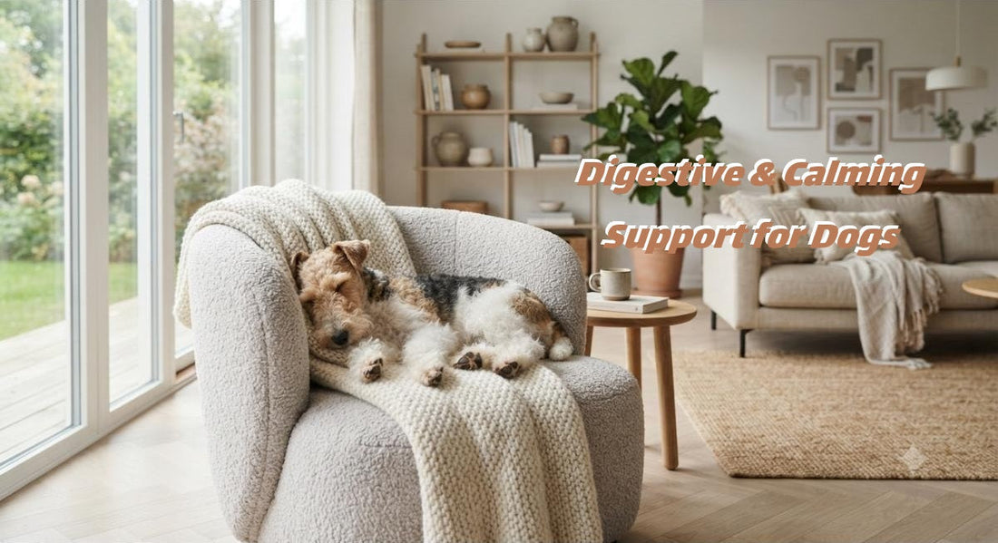 Wire Fox Terrier sleeping on a modern armchair in a bright, sunlit living room with natural decor and garden view.