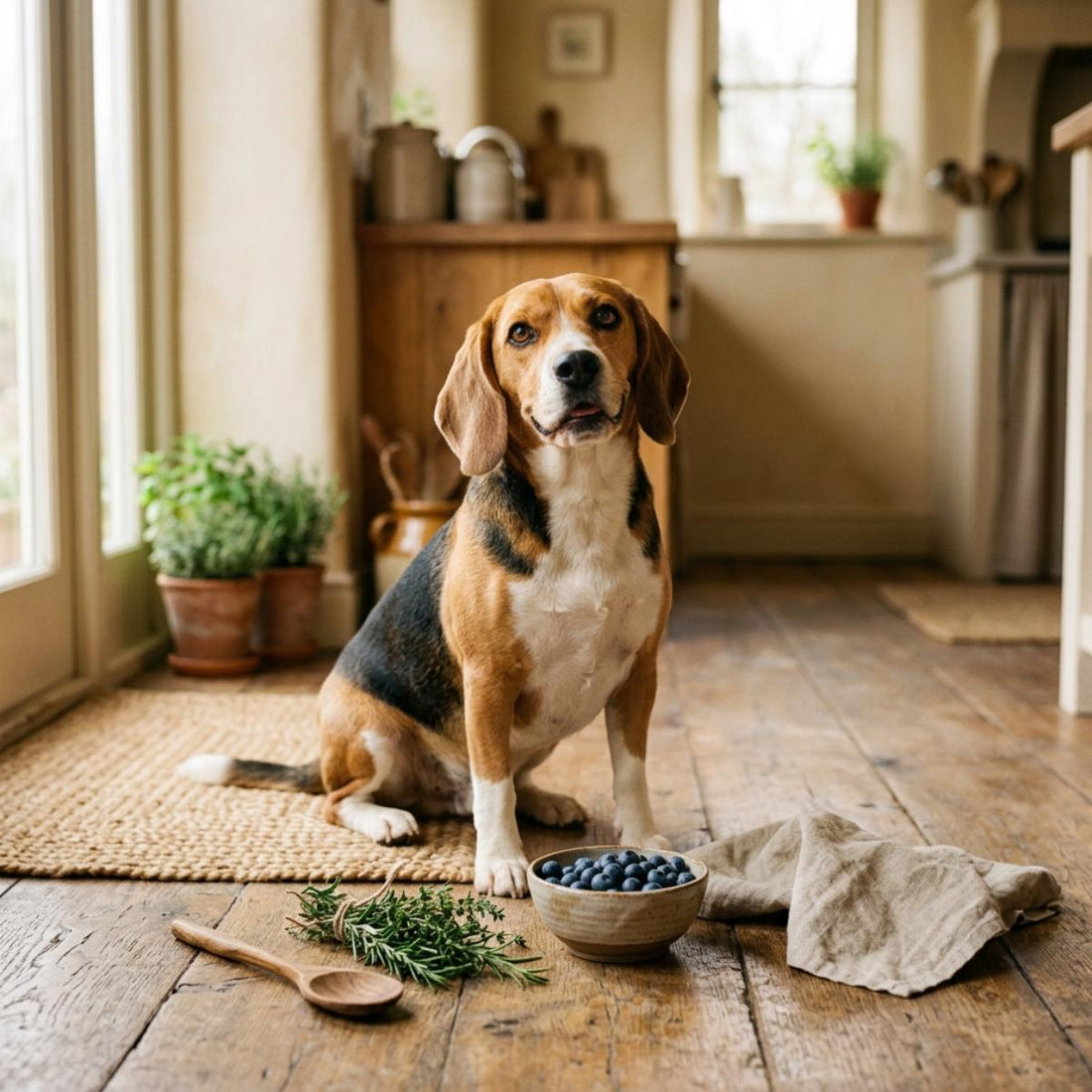 A beagle sits on a wooden kitchen floor beside a bowl of blueberries, a wooden spoon, rosemary, and a folded cloth, with warm natural light coming through the window in a cozy home setting.