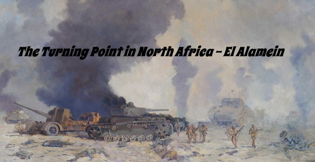 Photorealistic desert battlefield with WWII tanks from El Alamein, including M4 Sherman and Panzer IV, set in a scale model diorama.