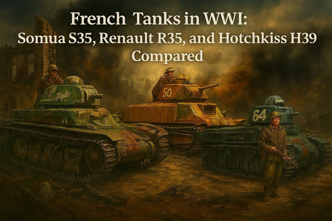 French WWII tanks Somua S35, Renault R35, and Hotchkiss H39 lined up for comparison in historical context