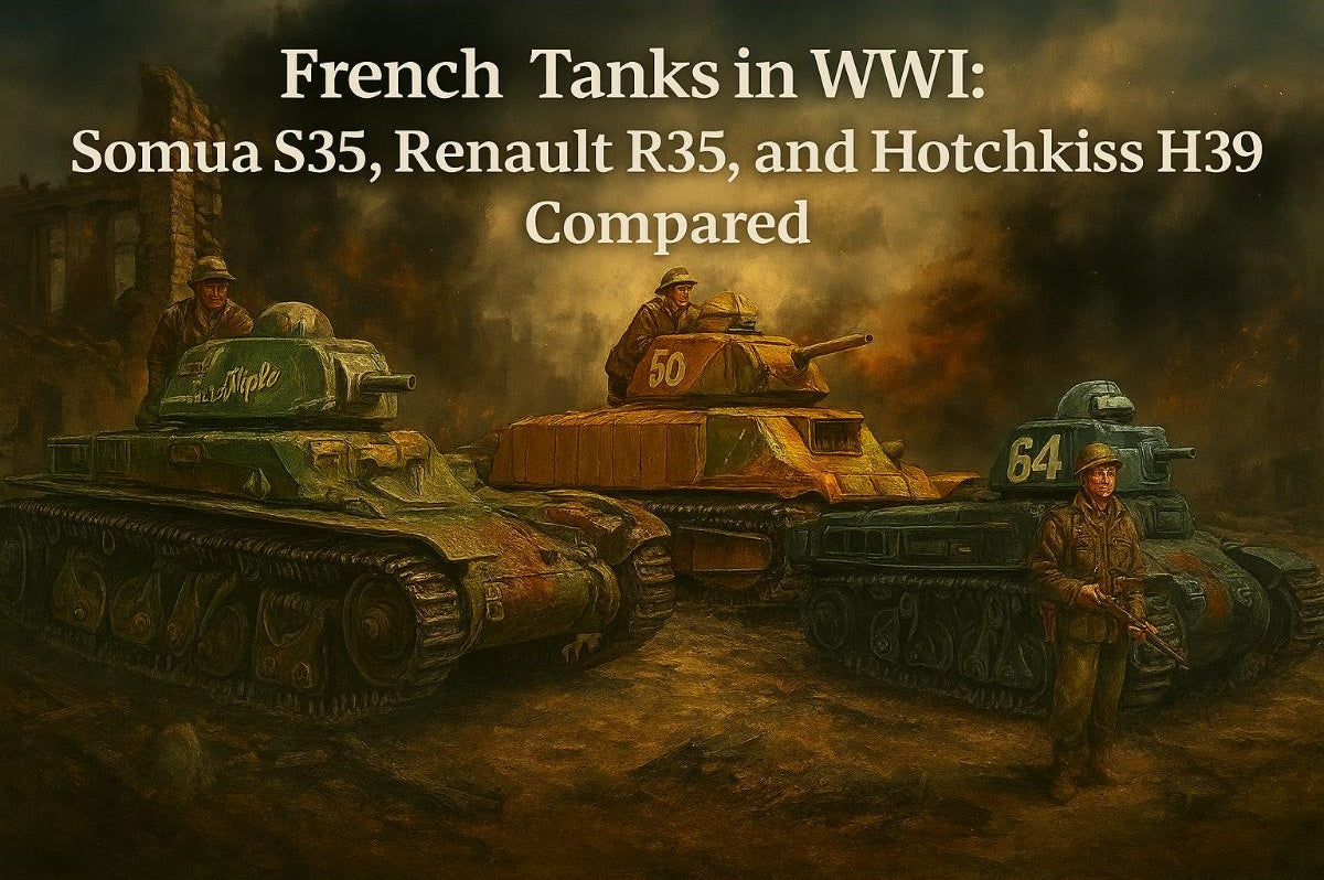 French WWII tanks Somua S35, Renault R35, and Hotchkiss H39 lined up for comparison in historical context