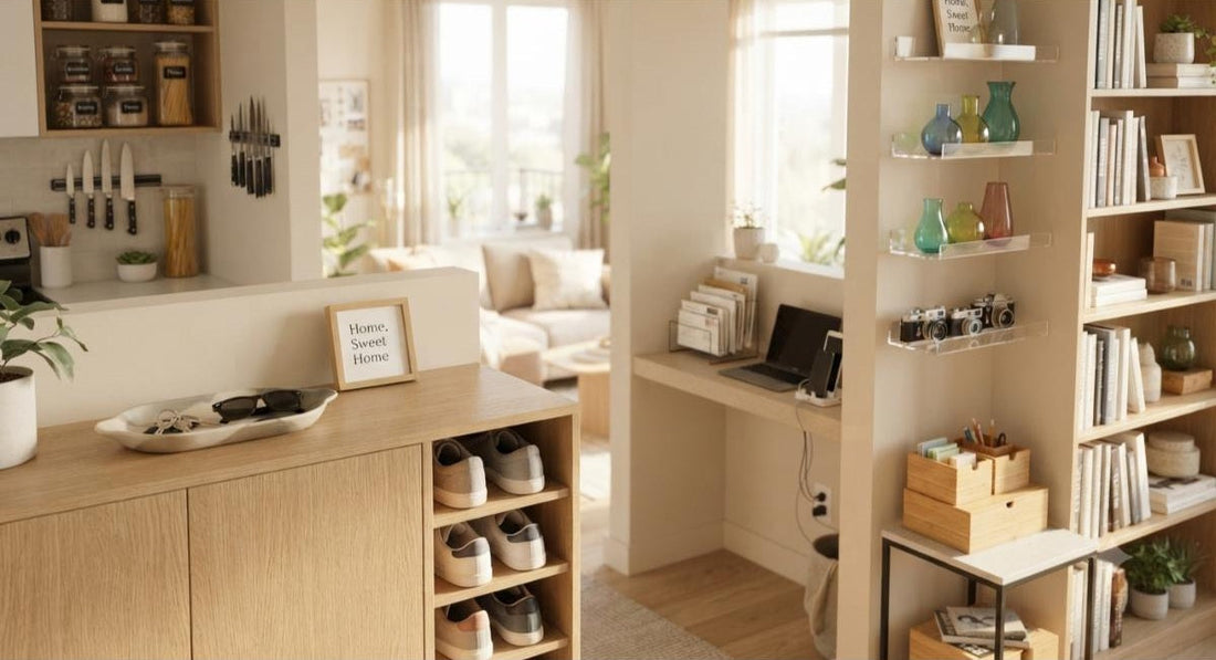 Modern Scandinavian home interior with wooden storage, shoe cabinet and organised living space.