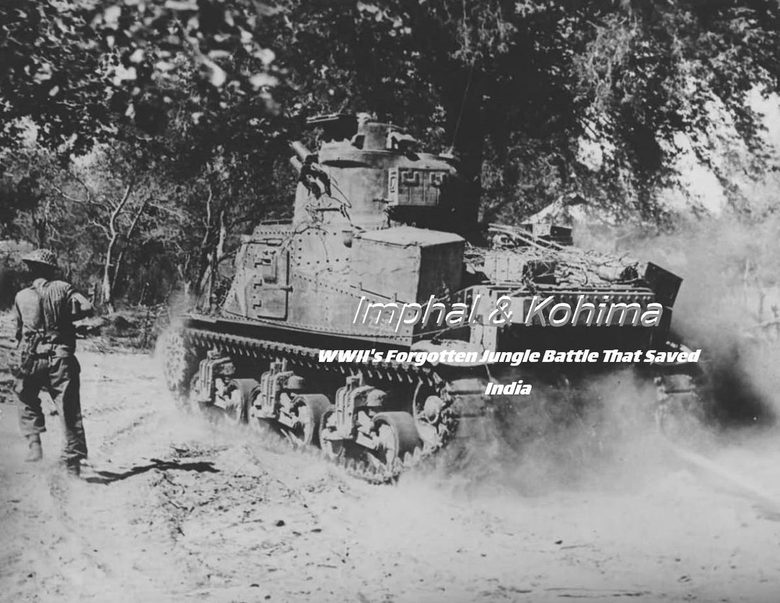 A black‑and‑white WWII photograph showing a tank moving through dense jungle terrain with a soldier walking nearby, representing the battles of Imphal and Kohima.