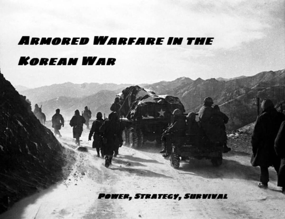 Armored Warfare in the Korean War historical photo featuring military vehicles and troops on a rugged mountain road