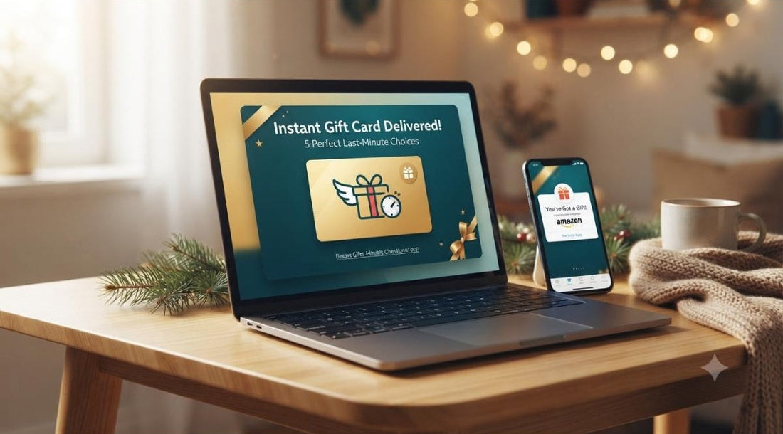 A laptop and a smartphone on a wooden desk displaying digital gift cards, symbolizing instant last-minute gift delivery for the holidays.