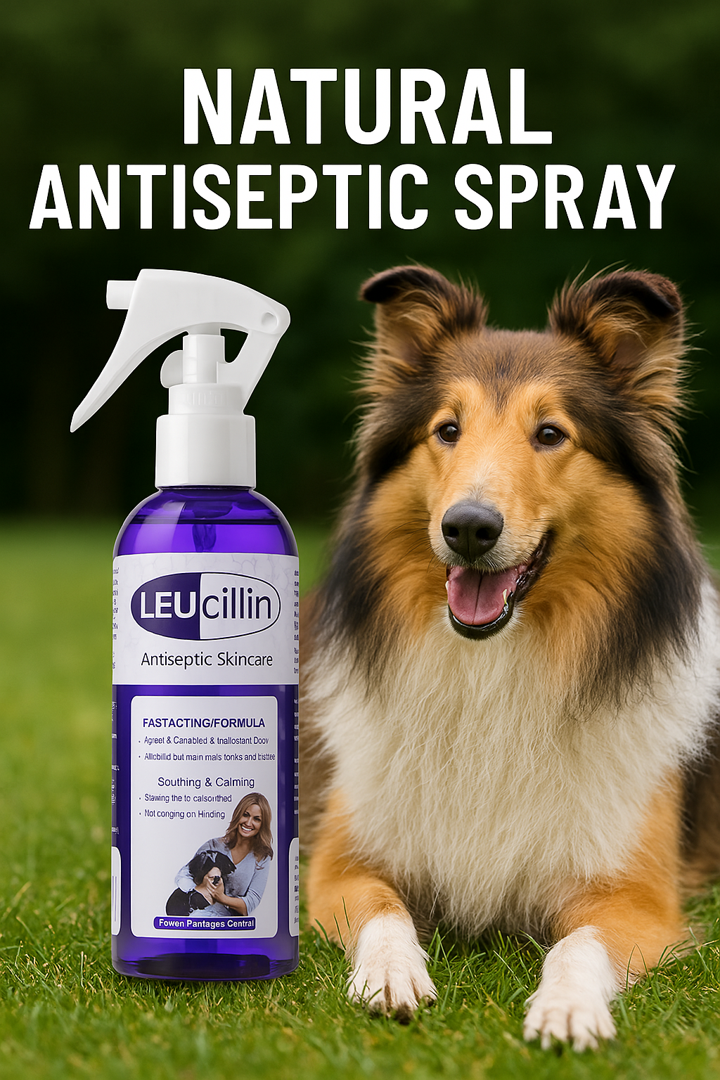 Photorealistic image of Leucillin Natural Antiseptic Spray 150ml placed in front of a Rough Collie lying on grass, with the bold caption "Natural Antiseptic Spray" above highlighting gentle pet wound care.