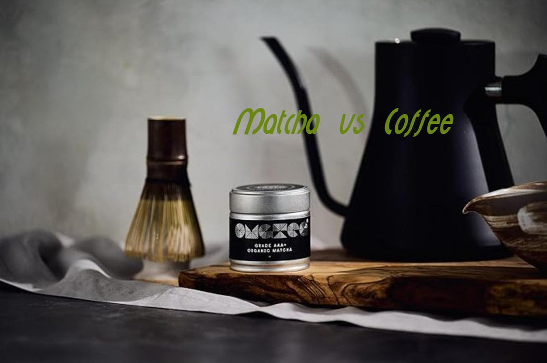 Ceremonial grade organic matcha with bamboo whisk, matcha bowl and kettle arranged for a traditional Japanese tea ritual.
