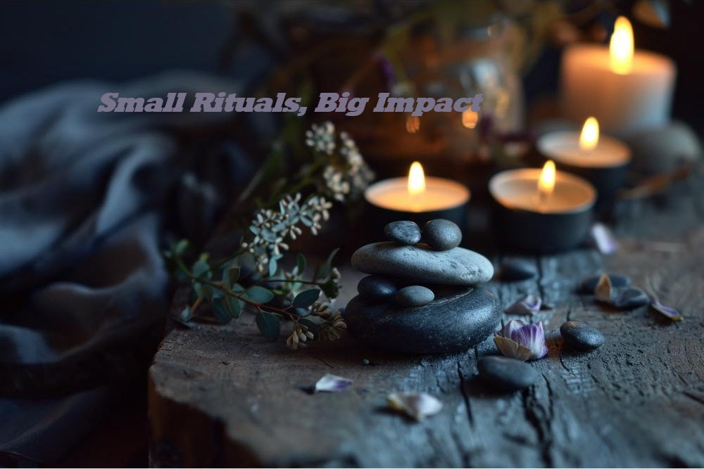 Calming wellness scene with stacked stones, soft candlelight, and white flowers symbolizing balance and relaxation.