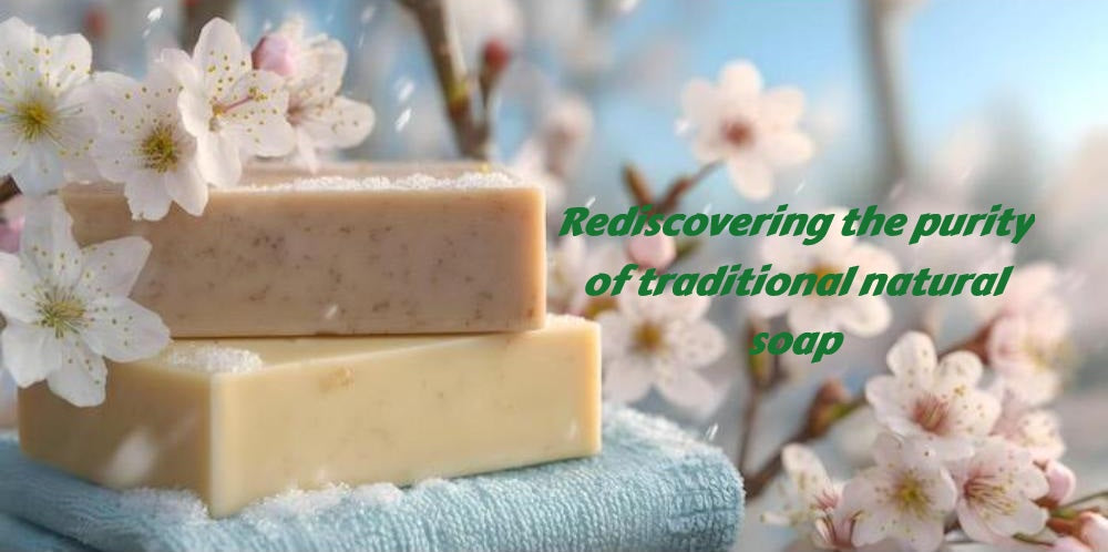Two natural handmade soap bars on a soft towel surrounded by blooming flowers, representing gentle, plant‑based cleansing and traditional skincare.