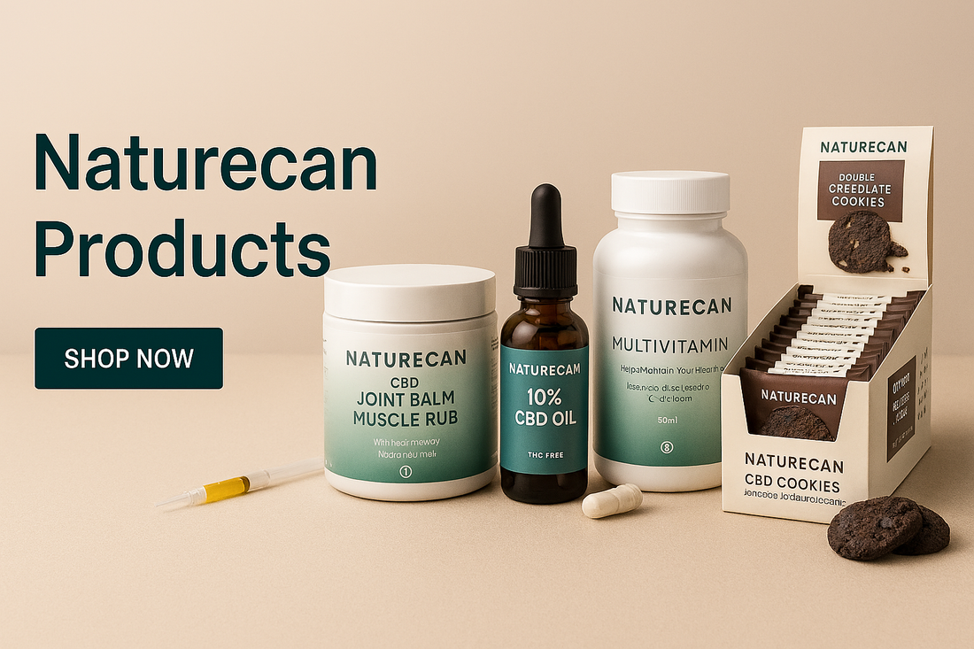 Naturecan CBD Muscle Balm, Multivitamin capsules, CBD Oil for Cats, and Double Chocolate CBD Cookies displayed on a neutral background – premium wellness supplements for humans and pets