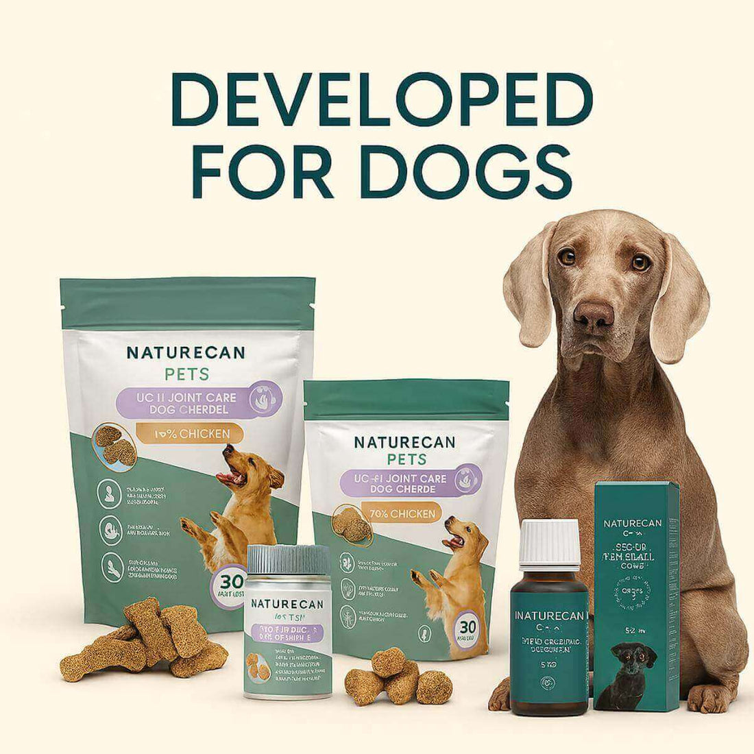 Photorealistic banner showing Naturecan Pets CBD calming chews, UC-II joint care treats, and CBD oil for dogs, with a Weimaraner sitting beside them.