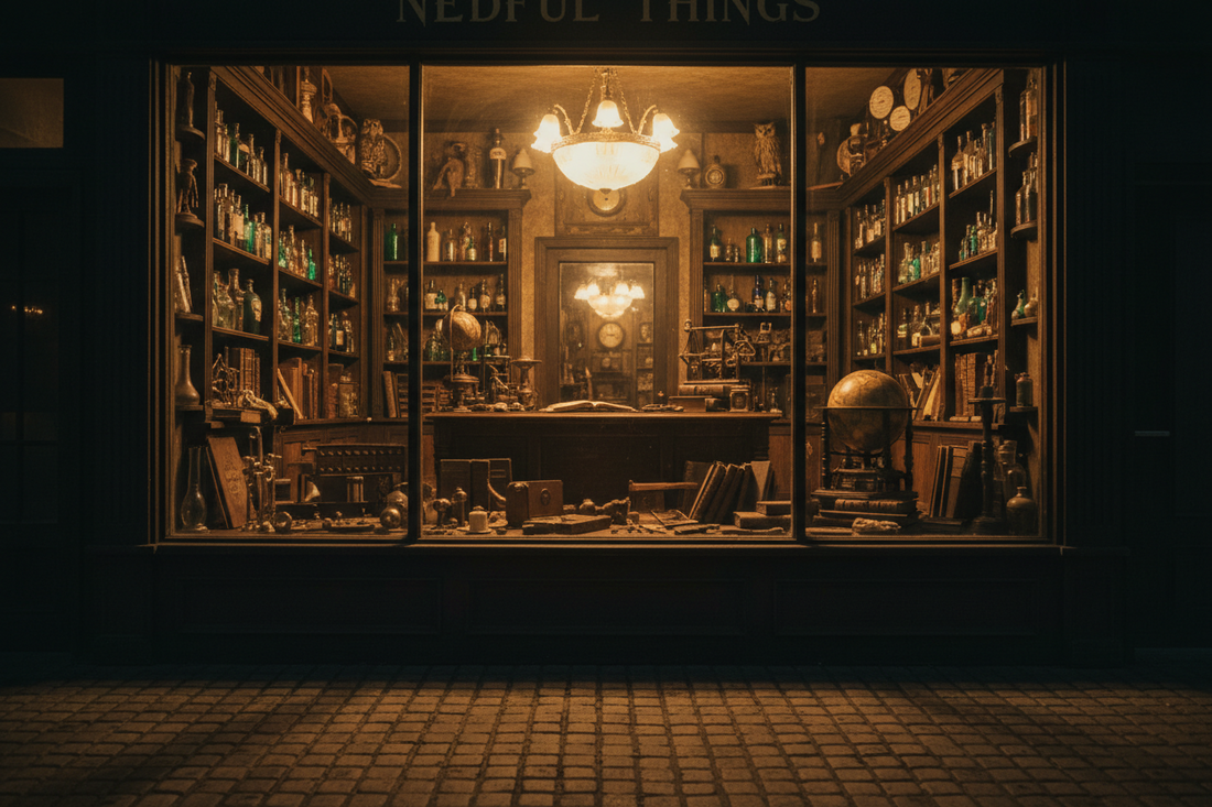 A warm-lit storefront window of a shop filled with organized household gadgets and lifestyle items under soft, golden chandelier lighting at night.