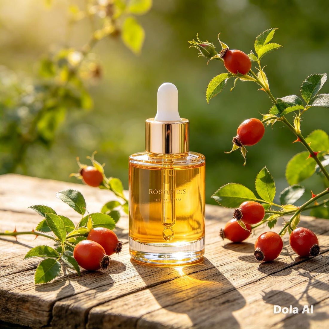 Pure organic rosehip oil bottle resting on a rustic wooden surface surrounded by natural leaves for a holistic skincare routine.