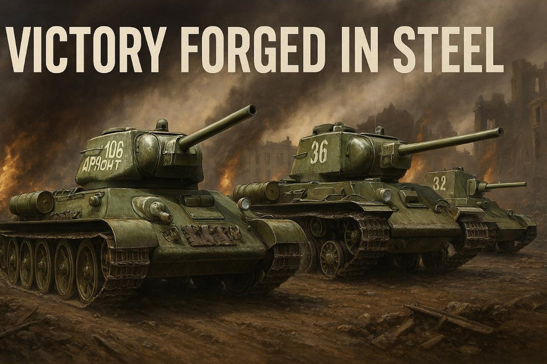 Photorealistic illustration of Soviet WWII tanks T-34, KV-1, and SU-76 advancing through a war-torn battlefield with smoke and ruins in the background