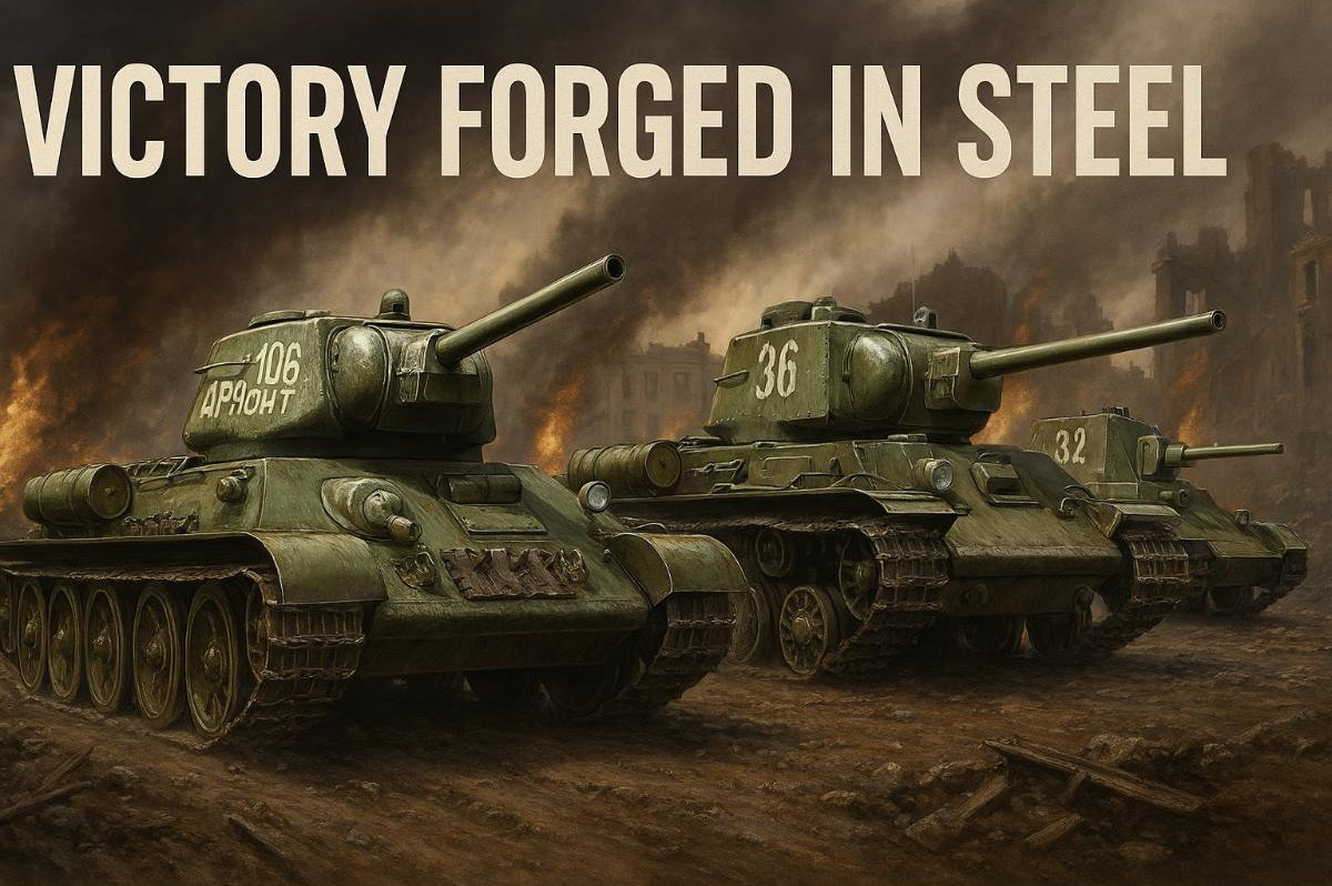 Photorealistic illustration of Soviet WWII tanks T-34, KV-1, and SU-76 advancing through a war-torn battlefield with smoke and ruins in the background