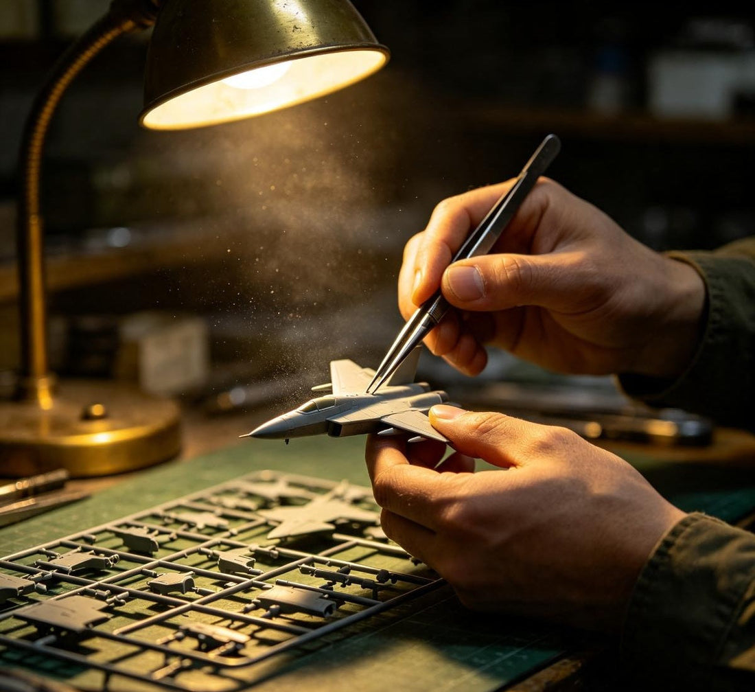 Close-up of a hobbyist using tweezers to assemble a miniature plastic fighter jet model under a warm desk lamp, with model parts on a sprue in the foreground.