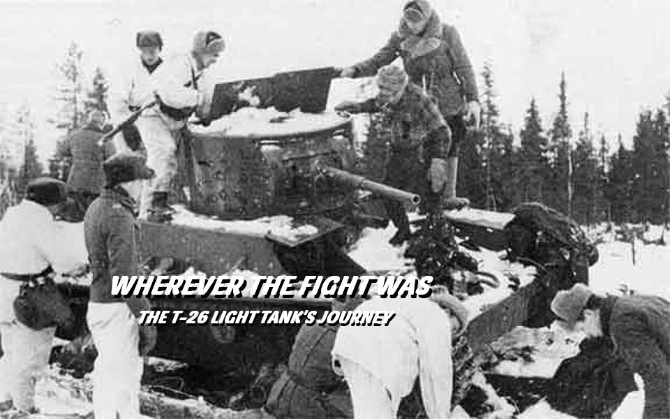 Soviet T-26 light tank during the Winter War, surrounded by crew and soldiers in a snowy forest environment