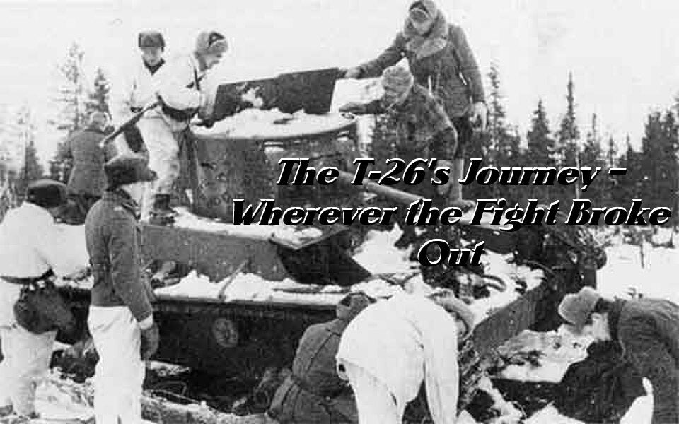 Historical black and white photo of soldiers inspecting a snow-covered T-26 light tank in a winter forest setting.