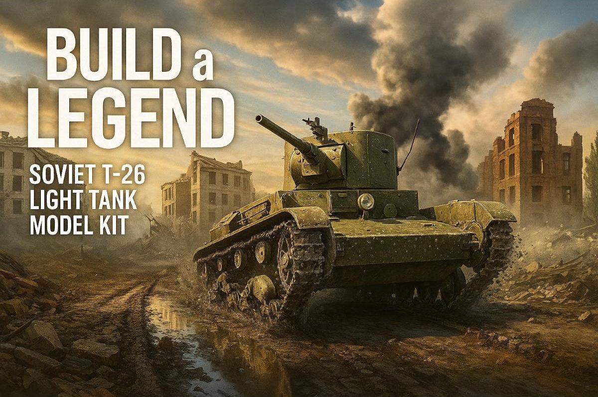  T-26 Soviet light tank model kit in a war-torn Russian battlefield setting