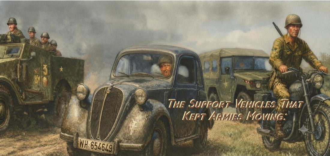 m3a1 scoult car, simca 5 and motorcycle moved in wwii