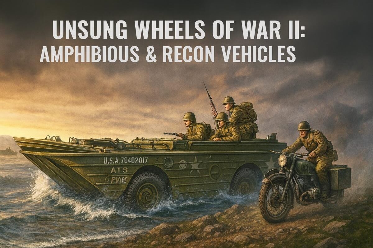 WWII Schwimmwagen amphibious vehicle crossing a river