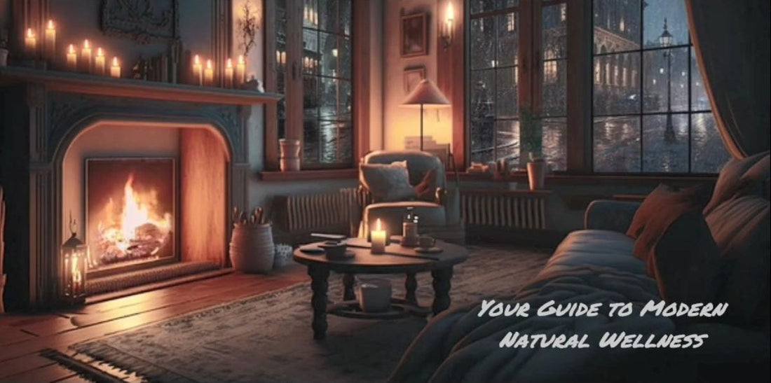 Cozy winter living room with a warm fireplace, candles, soft lighting, and a snowy evening visible through large windows, creating a calm and relaxing wellness atmosphere.