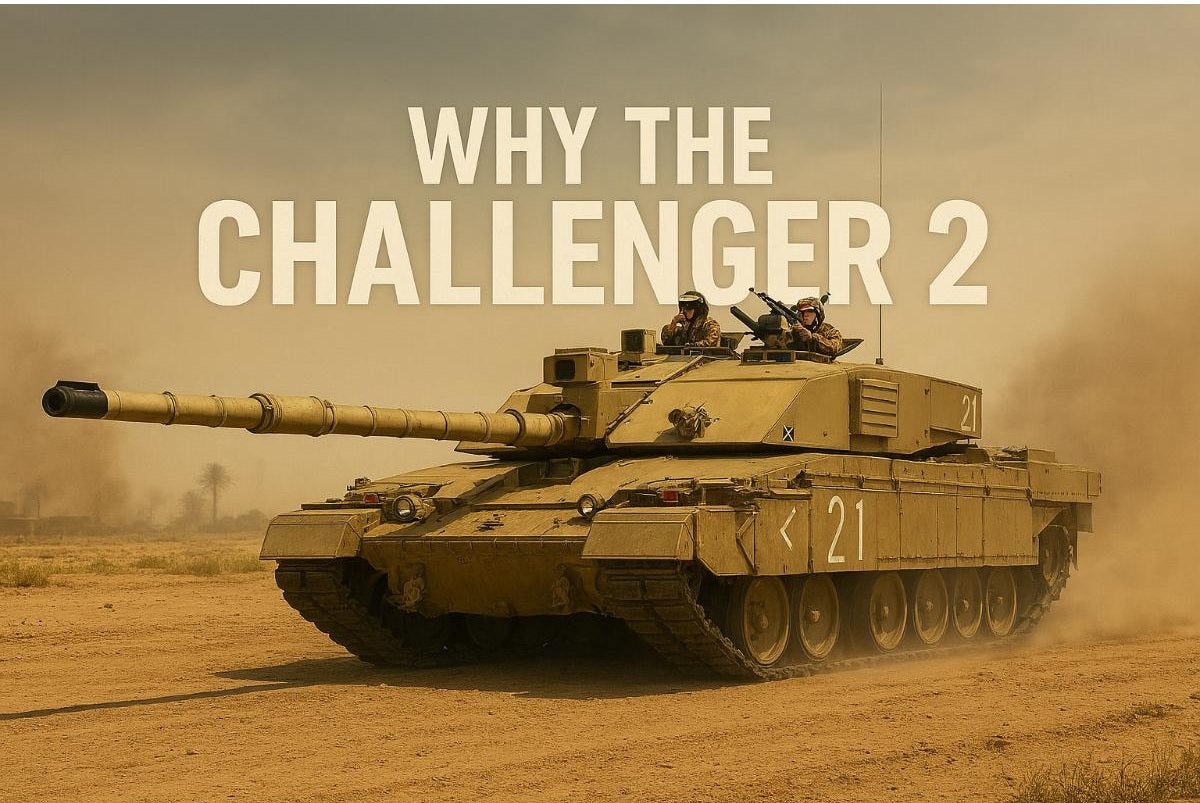 Challenger 2 tank in desert camouflage, showcasing its 120mm rifled gun and Dorchester armor under a cloudy sky