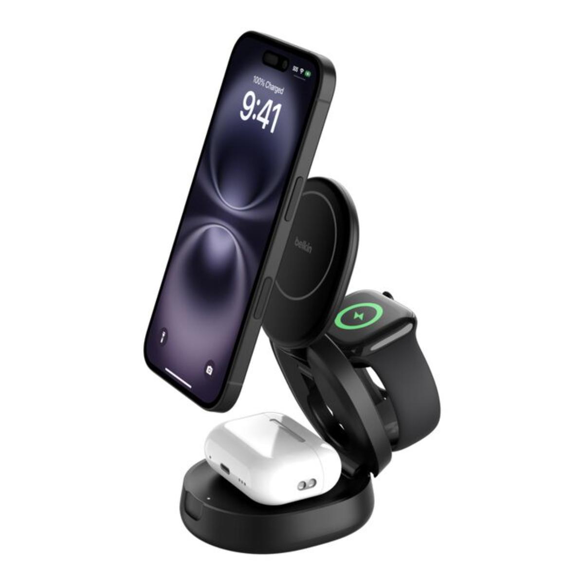 Belkin BoostCharge Pro 3-in-1 Qi2 magnetic wireless charging stand for iPhone Apple Watch and AirPods
