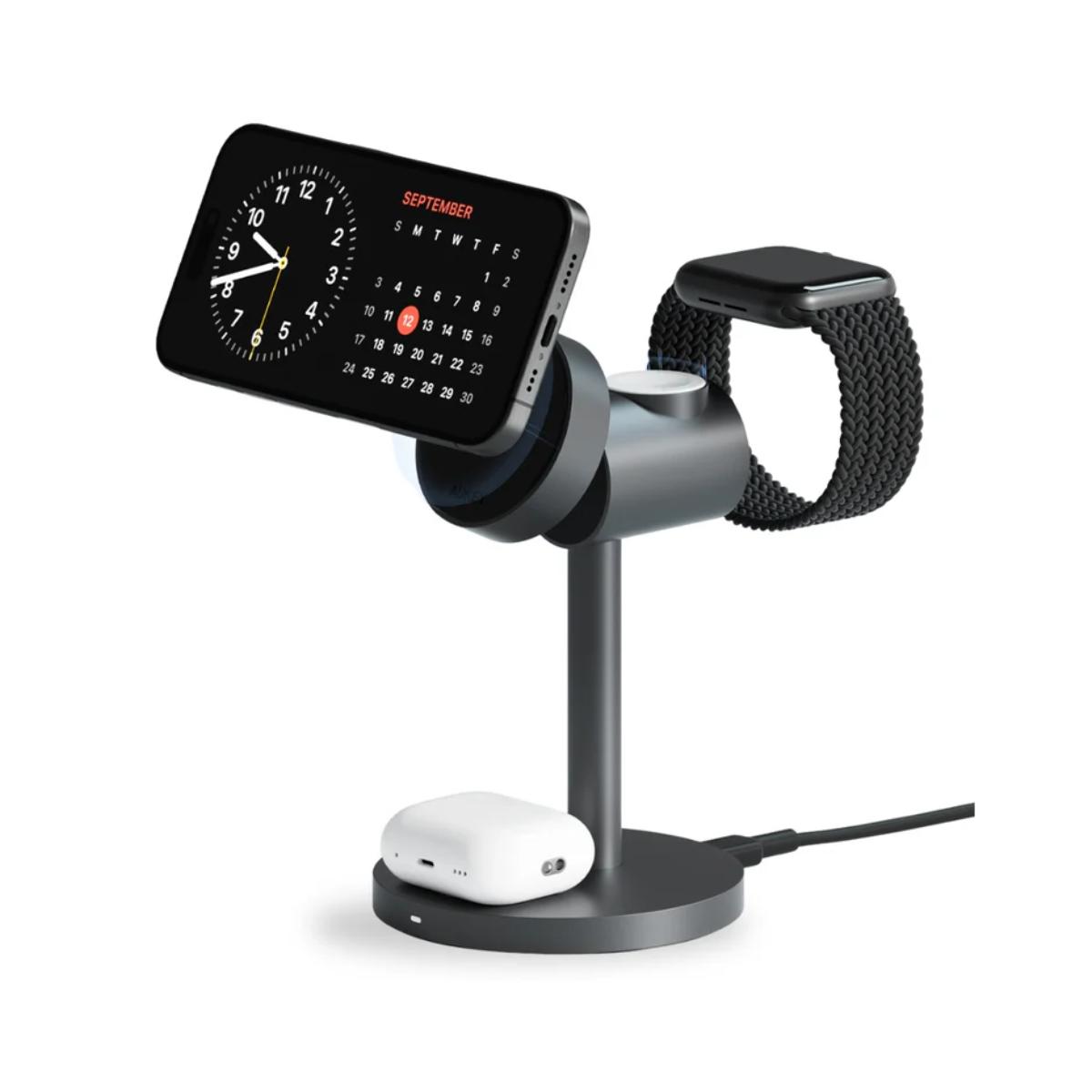 AUKEY 3-in-1 Qi2 MagSafe wireless charging station compatible with iPhone, Apple Watch, and AirPods