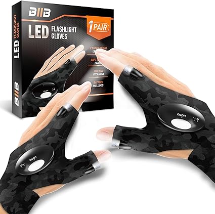BIIB camouflage LED flashlight gloves – rechargeable, hands-free lighting for pets and tasks
