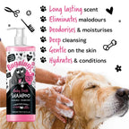 Dog being washed with a bottle of Bugalugs Baby Fresh Shampoo, featuring product benefits on a white background.