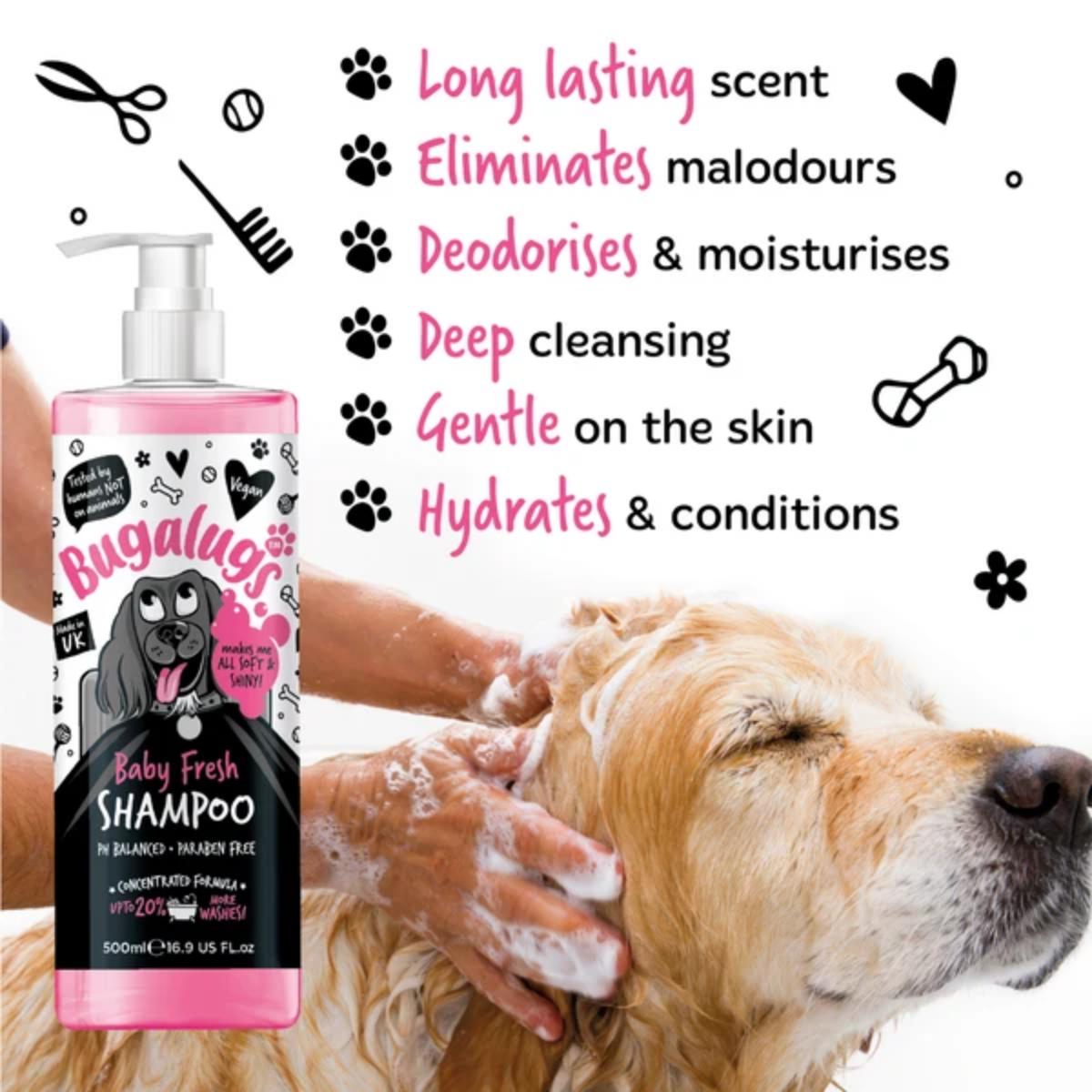Dog being washed with a bottle of Bugalugs Baby Fresh Shampoo, featuring product benefits on a white background.